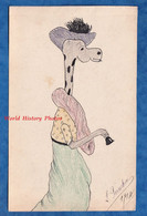 Dessin Ancien Dessiné à La Plume & Colorié Au Crayon - 1914 - Signé L. Perrichon - Girafe Humanisée , Animal Humanisé - Drawings