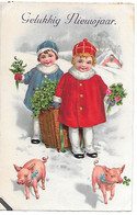 Children, Enfants, KInder, Pig, Schwein, Porc, Wicker Basket With Clover, Snow, Neige, Schnee - Nieuwjaar