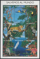 1999 Nicaragua Endangered Species: Jaguar, Margay Cat, Birds, Boa, Armadillo, Lemurs, Loris Minisheet (** / MNH / UMM) - Felinos