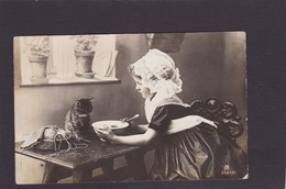 Cat Card   -  Young Girl With Tabby Kitten On Table.   1906. - Cats