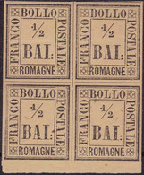 Romagne - 023 ** 1859 - ½ Baj Giallo Paglia In Blocco Di Quattro N. 1. Varie Firme Al Verso. Cat. € 1000,00. SPL - Romagna