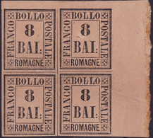 Romagne - 024 ** 1859 - 8 Baj Rosa In Blocco Di Quattro Con Bordo Di Foglio Destro N. 8. Cat. € 3100,00. Cert. Biondi. S - Romagne