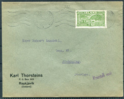 Iceland 7 Aur View Printed Matter Rate Karl Thorsteins Cover, Reykjavik Machine Cancel - Jonkoping Sweden - Covers & Documents