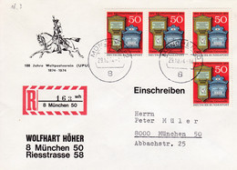 Eingedruckter R-Zettel:  8  München 50, 163 UB " Wh " ,  Wolfhart Höher, 100 Jahre UPU, FDC - R- & V- Vignette