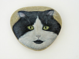 Original Painting Of A Black And White Long-Haired Cat Hand Painted On A Smooth Beach Stone Paperweight - Fermacarte