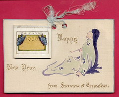 Carte Peinte Originale Avec Petit Calendrier 1920 Cousu "Happy New Year From Suzanne Et Germaine" (charmant) Calendar - Petit Format : 1901-20