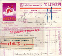 87- LIMOGES- FACTURE ETS. TURIN APERITIF- DISTILLERIE- 10 RUE SOEURS LA RIVIERE- ASTI SPUMANTE ITALIE-1929 - Ambachten