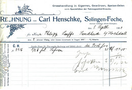 Solingen Foche 1902 Deko Rechnung " Carl Henschke Cigarren Gewürze Speiseöle Großhandlung " - Levensmiddelen