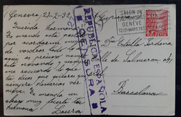 Griffe Violette REPUBLICA ESPANOLA CENSURA 27 Sur Carte Geneve Suisse, Flamme SALON AUTOMOBILE 1937 > Barcelona, TTB - Marcas De Censura Nacional