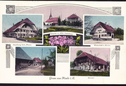 1918 Gelaufene AK: Gruss Aus Hasle I. E. 5 Bildrig Gefärbt. Kirche, Schulhaus, Wirtschaft Zum Kreuz, Handlung - Hasle Bei Burgdorf