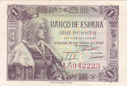 Billet ESPAGNE 1 Peseta De 1945 - Isabel La Catolica @ PICK 128 @ N° Série L6008436 - 1-2 Pesetas