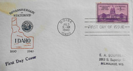 Enveloppe USA First Day Cover 1940 - 50e Anniversaire De Statehood IDAHO - Daté : Boise Le 3.7.1940 - Bon état - 1851-1940