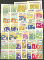 ALBANIA: Sc.754/64 + Var., 1964 Tokyo Olympic Games, Set Of 4 Values In Perforated And IMPERFORATE Blocks Of 4 + Perfora - Albania