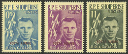 ALBANIA: Sc.640/6, 1962 Yuri Gagarin, The Set Of 3 Values Printed On Yellow Paper And Overprinted "POSTA AJRORE" In Ches - Albania