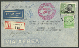 GERMANY: 29/AU/1939 Augsburg - Argentina, Registered Airmail Cover Franked With 2.05Mk., With DLH Handstamp And Arrival  - Covers & Documents