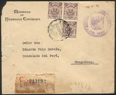 PERU: Registered Official Cover Franked With Official Stamps (10c. X3), From Lima To HONG KONG On 18/OC/1933, Minor Defe - Perù