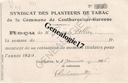 47 0172 COUTHURES SUR GARONNE LOT GARONNE 1926 SYNDICAT DES PLANTEURS DE TABAC - Dokumente