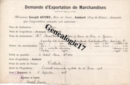 63 0180 AMBERT PUY DOME 1918 Exportation De Mr OUVRY Dest Mr BASTARD SAUTIER 19 Cours De Rive à GENEVE Sortie VALLORBE - Suisse