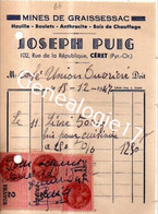 66 0333 CERET PYRENEES 1958 MINES DE GRAISSESSAC - Houilles Boulets Charbons  JOSEPH PUIG 102 Rue Republique - - Mines