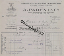 75 14252 PARIS SEINE 1937 Manufacture De Boutons A. PARENT Rue Reaumur à ROUJON - 1900 – 1949