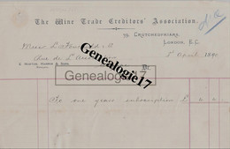 96 2124 ANGLETERRE ENGLAND LONDON LONDRES 1890 THE WINE TRADE CREDITORS ASSOCIATION Ets NORTON HARPER And Sons - Regno Unito