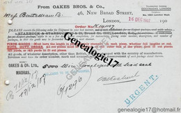 96 0946 ANGLETERRE ENGLAND LONDRES LONDON 1907  Mr OAKES BROS AND CO New Broad Street MADRAS - Verenigd-Koninkrijk