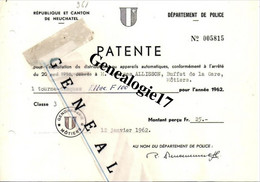 96 0205 SUISSE NEUCHATEL 1962 Patente Departement Police Autorisation Tourne Disque  Dest ALLISSON - Suisse