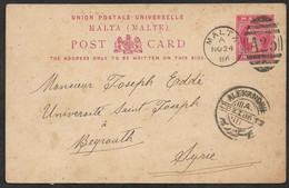 1888 MALTA - POSTATAL STATIONERY 1d Mi.P1 To BEYROUTH ( BEIRUT ), SYRIA -via EGYPT, ALEXANDRETTE  - RARE DESTINATION - Malta