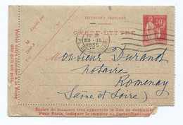 3767 Entier Postal 1935 Mercure Paris Vaugirard Pour DURAND Notaire à ROMENAY - 1921-1960: Modern Period