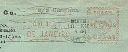 EMA METER STAMP FREISTEMPEL TYPE B1A BRASIL BRAZIL RIO DE JANEIRO 1931 BONESCHI S/S CAMPANA TO FRANCE - Automatenmarken (Frama)