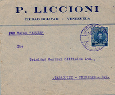 1935  VENEZUELA , SOBRE CIRCULADO , CIUDAD BOLIVAR - TABAQUITE  / TRINIDAD , POR VAPOR " APURE " - Venezuela