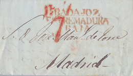 1842 BADAJOZ , CARTA CIRCULADA A MADRID , MARCA PREFILATÉLICA EN ROJO " BADAJOZ / EXTREMADURA BAJA " - ...-1850 Prephilately