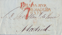 1842 BADAJOZ , CARTA CIRCULADA A MADRID , MARCA PREFILATÉLICA EN ROJO " BADAJOZ / EXTREMADURA BAJA " - ...-1850 Prefilatelia