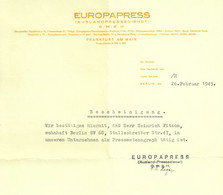 Berlin Zweigstelle Frankfurt 1943 Rechnung /Kopf " Auslands-Pressedienst EUROPAPRESS " - Stamperia & Cartoleria