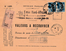 Valeurs à Recouvrer : Alger Griffe-linéaire Constantine Pour Mondovi Constantine - Lettres & Documents