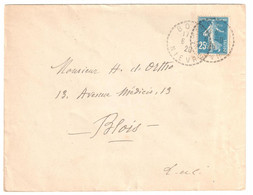 BONA Nièvre Lettre 25c Semeuse Bleu Yv 140 Ob1920 Recette Distribution Lautier B4 Cercle Pointillé - Briefe U. Dokumente