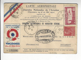 CARTE AEROPOSTALE AVIATION + VIGNETTE ERINNOPHILIE VINCENNES 1931 ROUMANIE BUCAREST /FREE SHIPPING R - 1960-.... Storia Postale