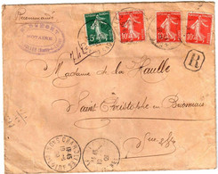 CHAROLLES Saône Et Loire Lettre Recommandée Semeuse 5c Vert 10c Yv 137 138 Ob 19 8 1909 Exp Notaire Dumont - Brieven En Documenten