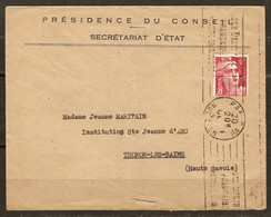 LETTRE PRÉSIDENCE DU CONSEIL SECRÉTARIAT D'ÉTAT POUR THONON LES BAINS - EMA - VARIÉTÉ MARIANNE GANDON 721Ab - Cartas & Documentos