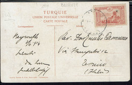 Grand Liban - 1914 - Affranchissement 20 P. Timbre De Turquie Sur CPA De Beyrouth - Correspondance Vers Torino (It) - Briefe U. Dokumente