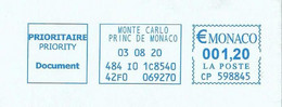 EMA METER STAMP FREISTEMPEL PRINCIP DE MONACO MONTE CARLO 2020 ENVELOPPE - Franking Machines (EMA)