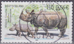 Deutschland 2001: Bedrohte Tierarten: Indisches Panzernashorn, Selbstklebend, Mi 2205 Gebraucht - Rhinoceros