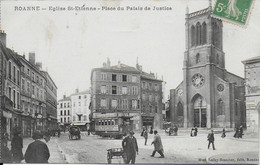 Roanne - Eglise Saint Etienne , Place Du Palais De Justice ( Animée Personnages , Tramway Et Commerces) - Roanne