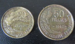 France - 2 Monnaies : 20 Francs Georges GUIRAUD 1950 B (3 Faucilles) Et 50 Francs G. GUIRAUD 1952 - Sammlungen