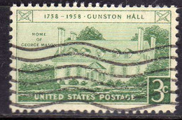 USA STATI UNITI 1958 GUNSTON HALL ISSUE VIRGINIA CENT 3c USED USATO OBLITERE' - Andere & Zonder Classificatie