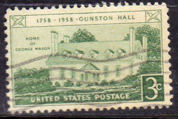 USA STATI UNITI 1958 GUNSTON HALL ISSUE VIRGINIA CENT 3c USED USATO OBLITERE' - Sonstige & Ohne Zuordnung