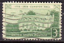 USA STATI UNITI 1958 GUNSTON HALL ISSUE VIRGINIA CENT 3c USED USATO OBLITERE' - Other & Unclassified