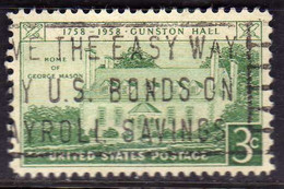 USA STATI UNITI 1958 GUNSTON HALL ISSUE VIRGINIA CENT 3c USED USATO OBLITERE' - Andere & Zonder Classificatie