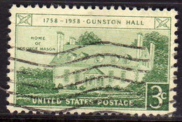 USA STATI UNITI 1958 GUNSTON HALL ISSUE VIRGINIA CENT 3c USED USATO OBLITERE' - Autres & Non Classés