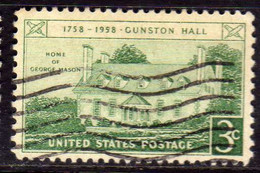 USA STATI UNITI 1958 GUNSTON HALL ISSUE VIRGINIA CENT 3c USED USATO OBLITERE' - Autres & Non Classés